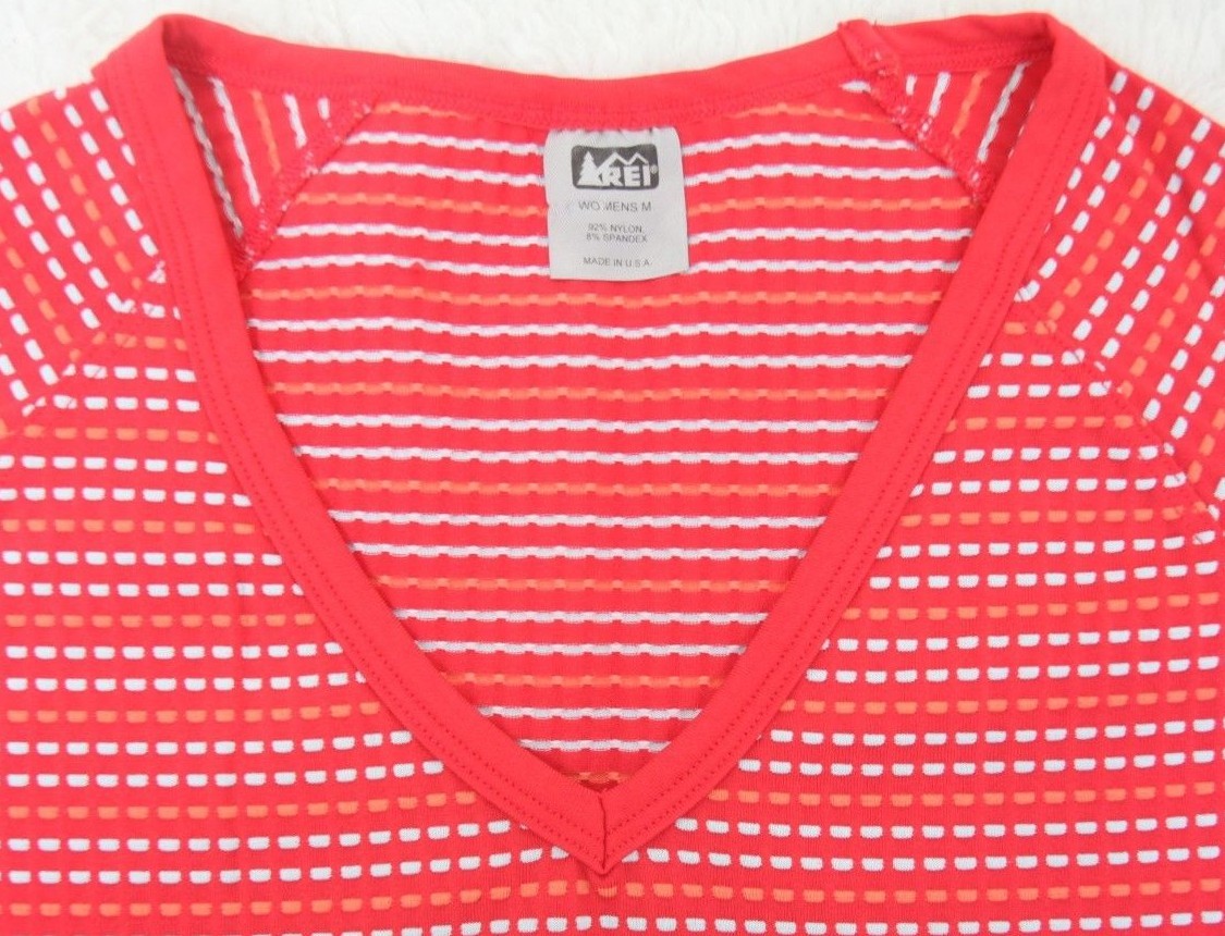 REI T-Shirt Medium Short Sleeve Striped Top Red White Pink Nylon