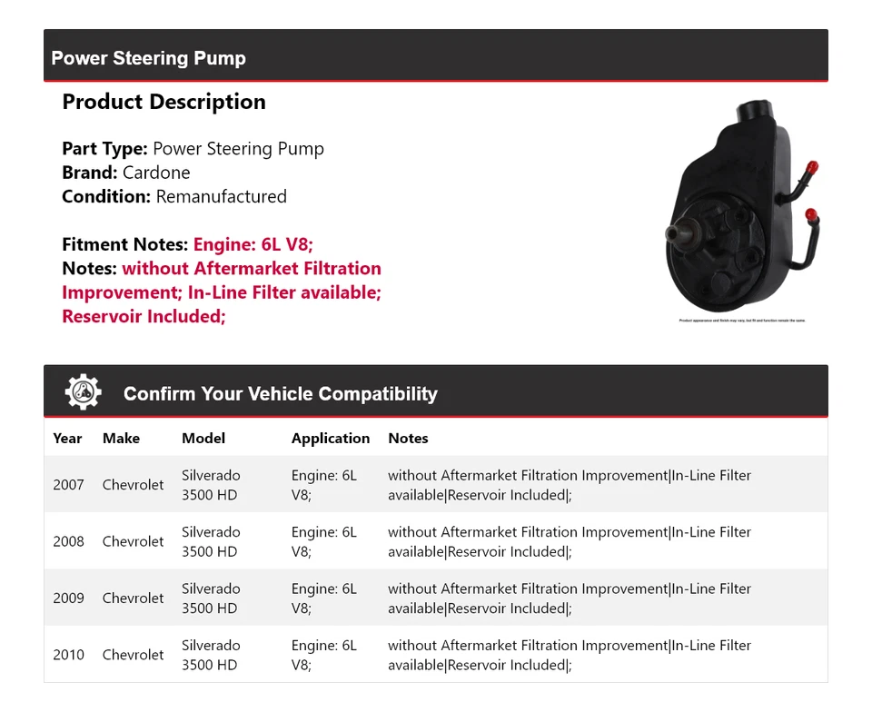 Насос гидроусилителя руля Cardone 2008 для Chevrolet Silverado 3500 HD 6L V8 2007-2010 годов выпуска - Изображение 2 из 4