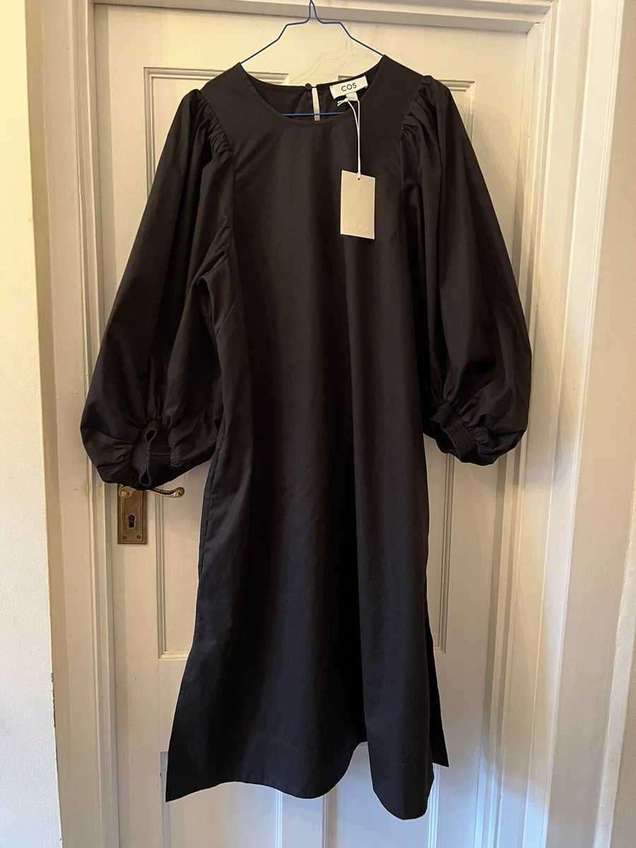 New COS Black Cotton Midi Dress With Big Puff Sleeves Pockets UK