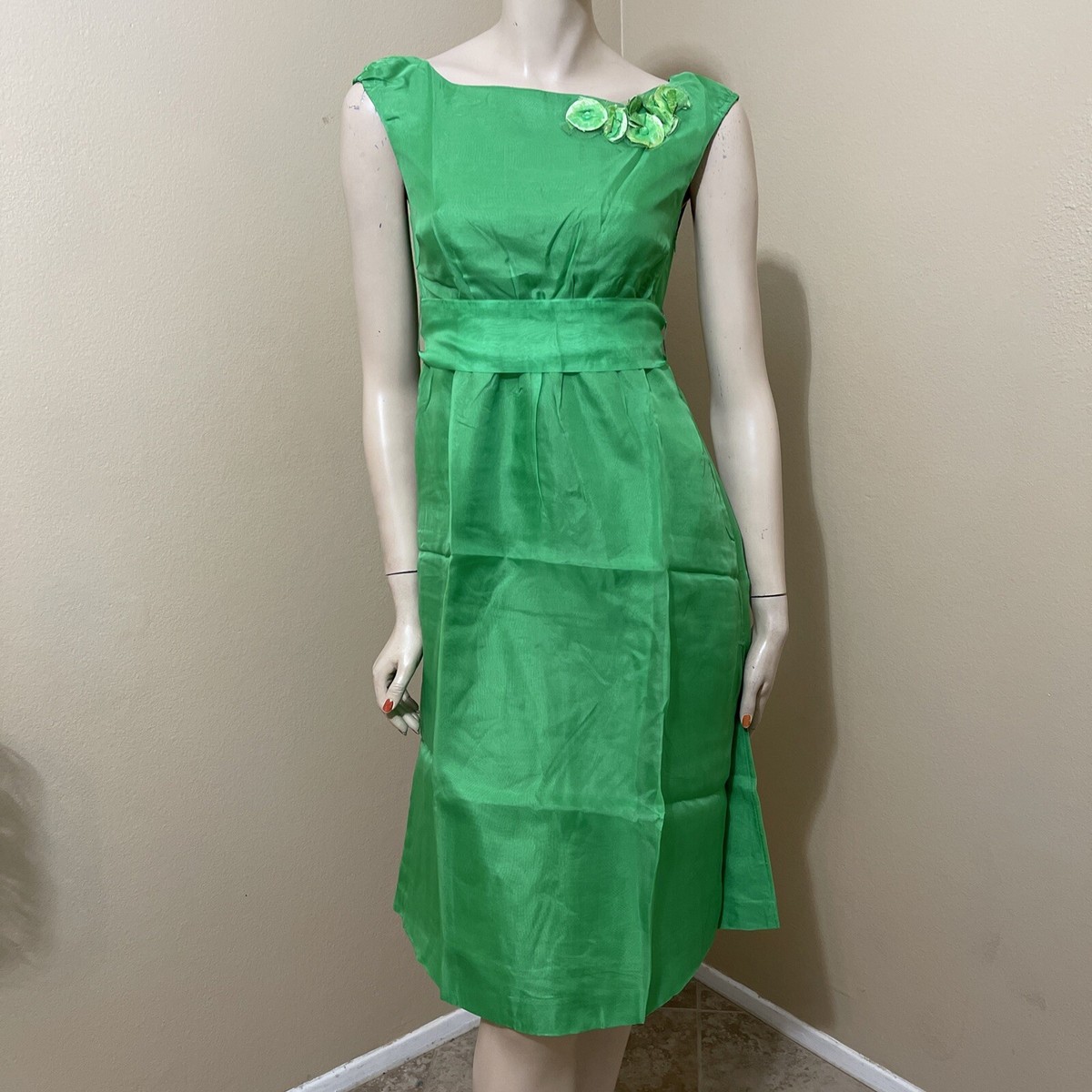 Womens Green Silk Casual Pleated Flower Application Layered Midi Size S  Dress