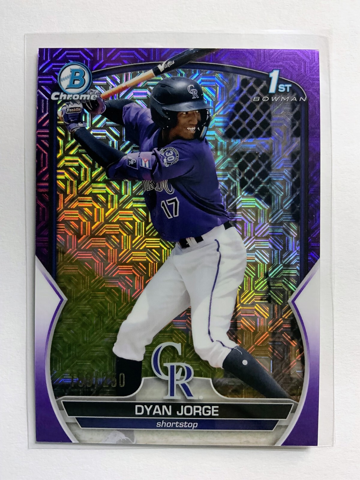 2023 Bowman 1st Dyan Jorge Chrome Purple Mojo #/250 JERSEY COLOR MATCH Rockies ⚾