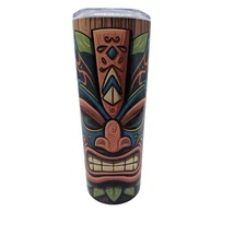 Tiki-Themed Stainless Steel Skinny Tumbler With Lid 20 Oz Double-Walled Insulati