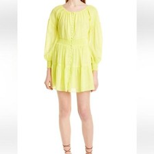 Al­ice + Olivia Kiara Smocked Long Sleeve But­ton Front Dress in yel­low size 8