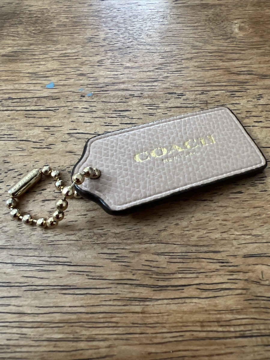 Coach Pebble Leather Hang Tag Beige Gold Tone Ball Chain Keychain