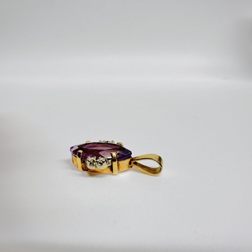 Vintage 14k Yellow Gold Marquise Amethyst and Diamond Accents Drop Pendant - Picture 3 of 5