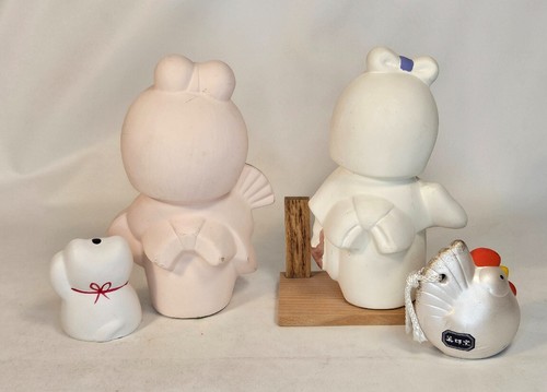 Dolls Japanese Hakata Hand Painted Clay and Luck Cat and Chicken Bell Figurines - Picture 2 of 7