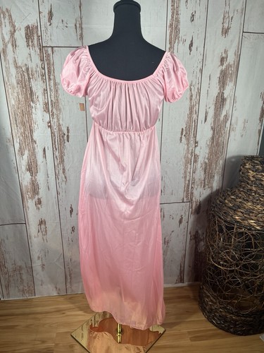 Vintage Women's Med Pink Lingerie Nightgown Nylon Long 80s Puff Sleeve Peasant - Picture 7 of 8