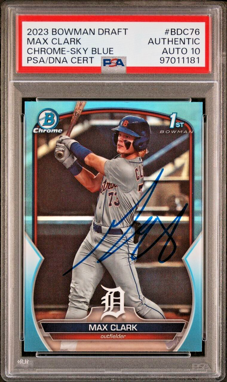 2023 1st Bowman Chrome Max Clark Sky Blue Refractor PSA Auto 10 Tigers signed