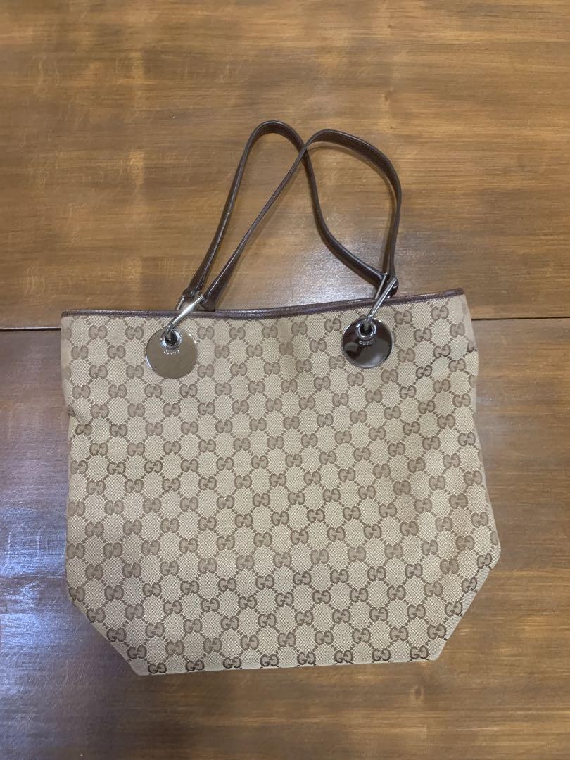 GUCCI beige canvas tote bag with leather trim