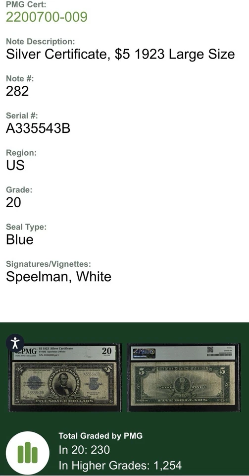 1923 $5 Silver Certificate Fr#282 PMG 20 VF Trinary Serial# Large Porthole Note - Image 3 of 3