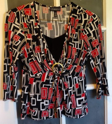 Elementz Stretchy Top Large Red Geometric 3/4 Sleeve Psychedelic Hippie USA Made