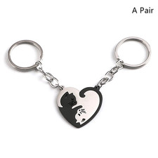 Cute Hug Cat Keychain Creative Patchwork Heart round Keyring Couple Lovers Key C