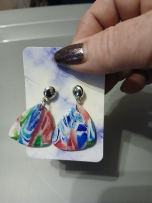 Homemade Ceramic Earrings  1 Inch With Siver Accents With Reds Blues Gresns