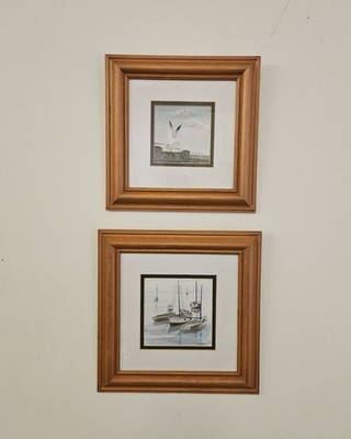 Paar Original F. HURD Küstenaquarelle - Möwe & Fischerboote - gerahmt