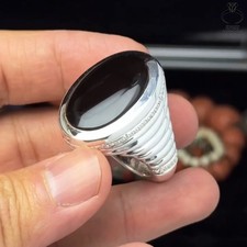 Elegant Black Aqeeq Ring 925 Sterling Silver Muslim Men’s Sunnah Gift