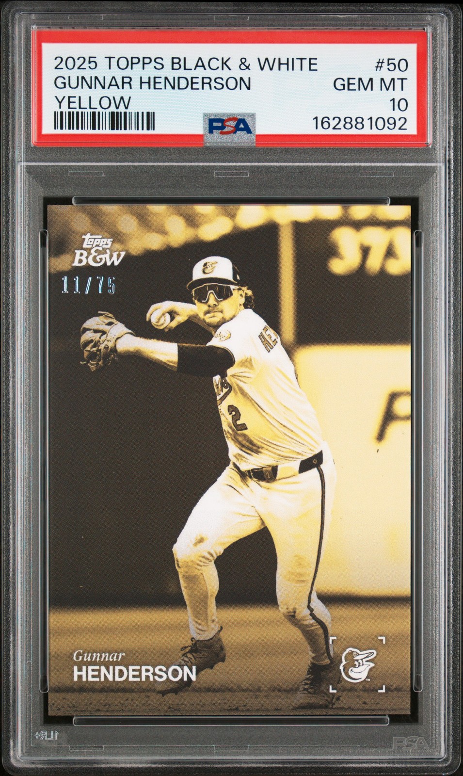 2025 TOPPS BLACK & WHITE YELLOW #50 GUNNAR HENDERSON 11/75 PSA 10