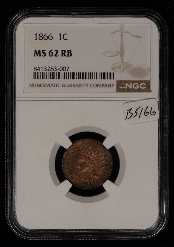 1866 1c Indian Head Cent - Red Brown Key Date - NGC MS 62 RB - VIDEO - SKU-B5166 - Image 2 of 4