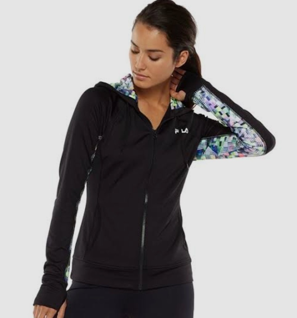 FILA Sport Performance Jacket Full Zip Felpa con Cappuccio Nero Floreale Donna Taglia Media