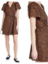 MADEWELL | Flutter-Sleeve Wrap Mini Dress leopard print  100% cotton womens med
