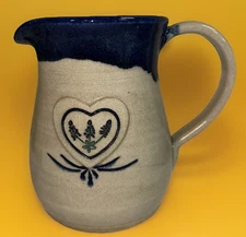 Artist Signed Pottery Country Stoneware Pitcher with Heart & Flowers Blue Detail