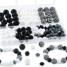 100PCS Silicone Beads Bulk, White Black Grid Print Silicone Beads 15Mm and 12Mm