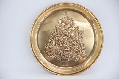 Vintage Large Round Brass Tray Ornate Etched Christmas Tree Decor 14'' Diameter