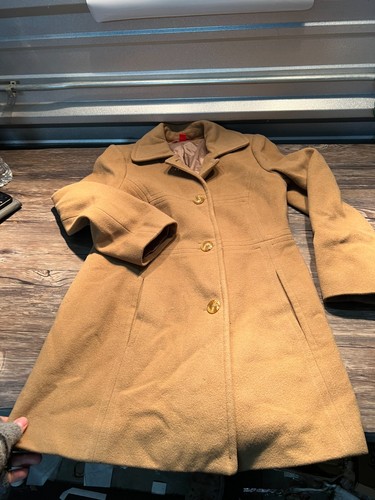 AK Anne Klein Coat Women Medium Tan Wool Blend Button Front Classic Winter