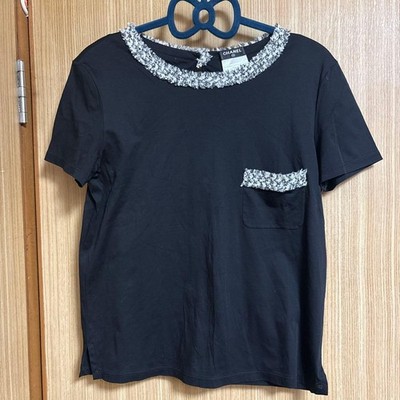 Chanel T-Shirt Tweed-Besatz Kurzarm Baumwolle Schwarz Gr.36 GEBRAUCHT Auth #S...
