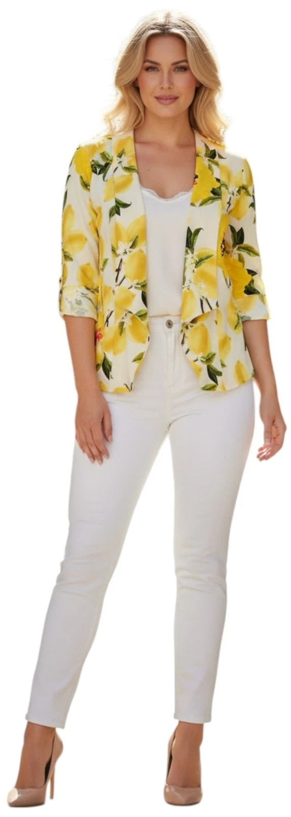 Yellow Green Floral Print Blazer Open Front Jacket Top Womens Plus