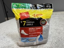 Hanes Ankle Socks Mens Shoes Size 6-12 White Gray Cushion Double Tough 7 Pairs