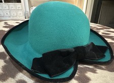 Vintage Green Felt Hat Wide Brim Velvet Trim Bow Women s Retro Church Derby