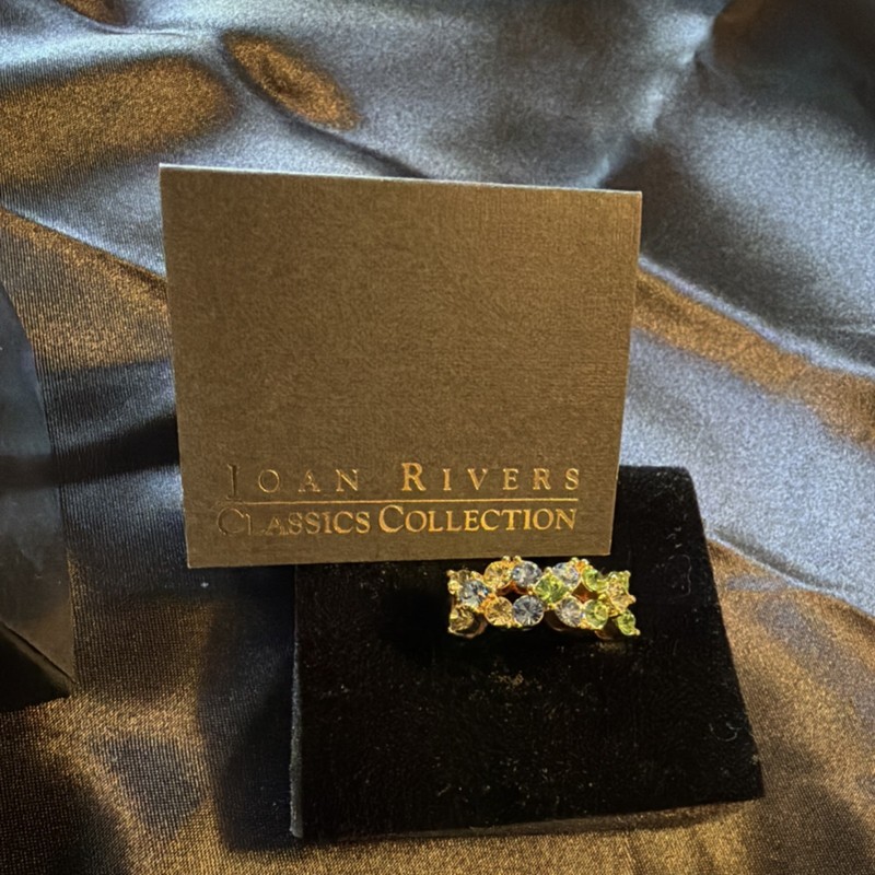 Vintage Joan Rivers Gold tone Band Ring with Multicolor X crystals 