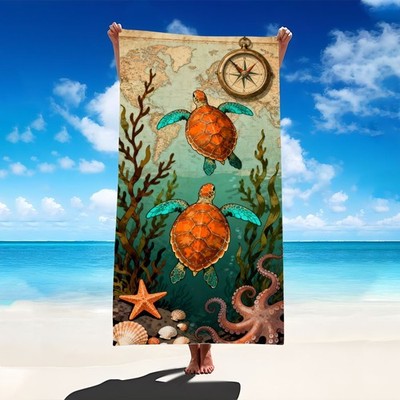 A Beach Towel Featuring a Marine Map with Sea Turtles, Designed with a Compass