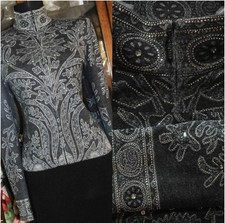 ST JOHN EVENING CHARCOAL GREY JACKET W/ abstract pattern RHINESTONE SZ 8