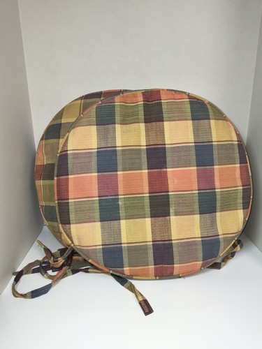 2 Bar Stool Cushions Round Chair Pad With Ties & Zipper Blue Green Red Tan Plaid