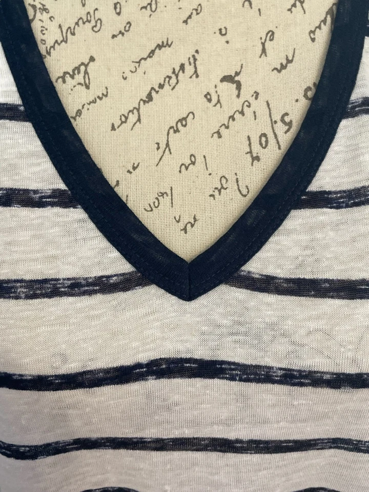 Camiseta sin mangas Tommy Bahama para mujer S de lino a rayas con cuello en V azul marino blanco Foto 3 de 4