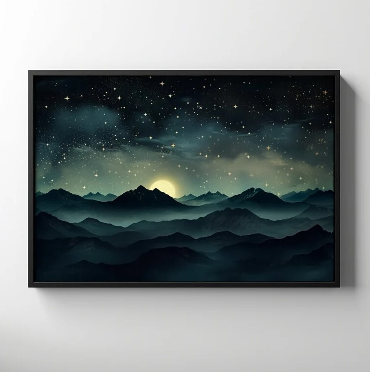 Vintage Starry Night Sky Oil Painting Printable Moon Over Mountains Wall Art