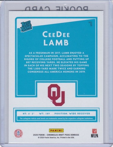 CeeDee LAMB ROOKIE CARD Dallas Cowboys Football 2020 DONRUSSRATED RC Sooners! - Bild 2 von 2