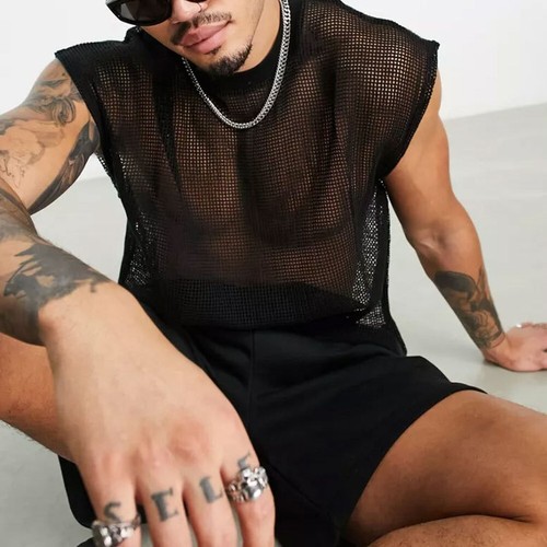 Cool Men's See Through Mesh Sleeveless Crew Neck Tank Top T Shirt Vest - Picture 7 of 13