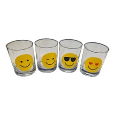 4 Happy Smiling Faces Clear Tumbler Rock Glasses Sunglasses Hearts Winking 4"H