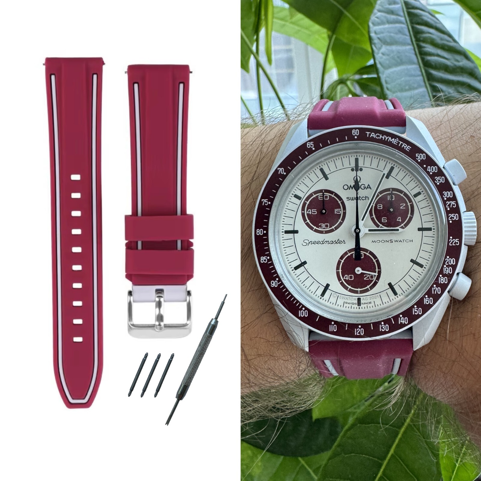 Bracelet silicone MoonSwatch bordeaux premium de 20mm avec boucle acier