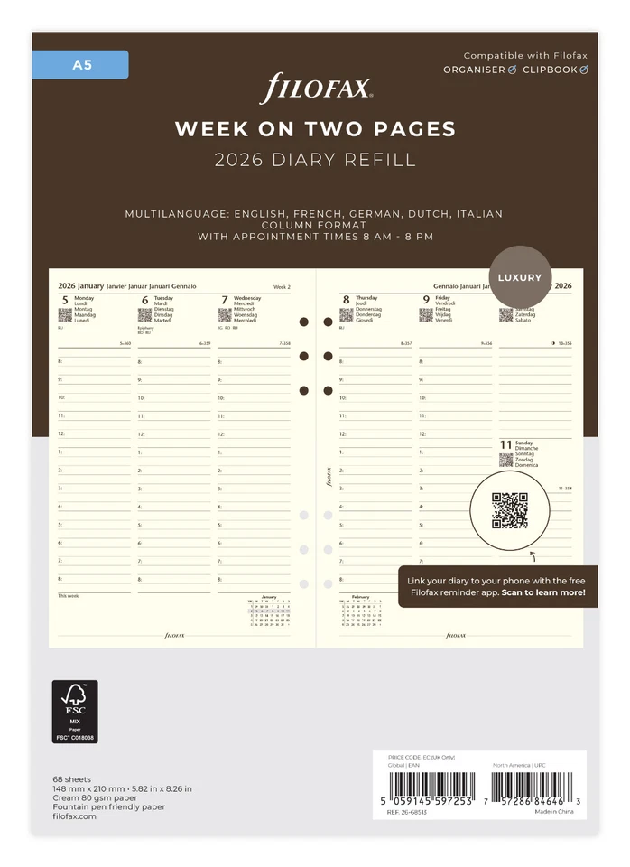 Filofax 26-68513 Kalendereinlage A5 Luxury 1Woche/2Seiten cotton cream 2026