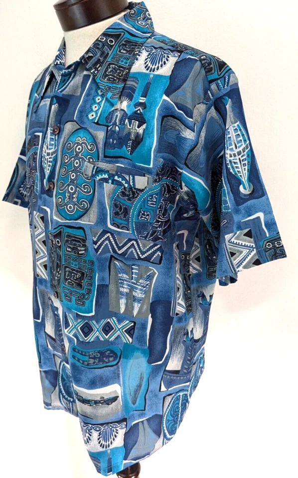 Camisa de vestir hawaiana vintage años 70 BAREFOOT IN PARADISE para hombre TRIBAL azul L ¡EXCELENTE ESTADO! * Foto 4 de 4