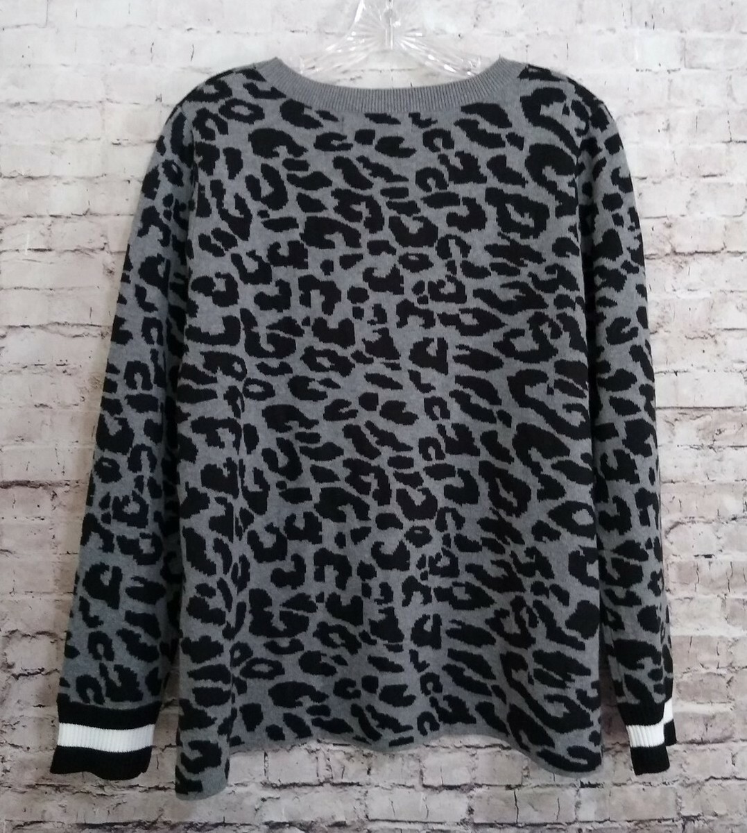 Fever Knit Crew Neck Sweater Gray/Black Leopard Print Large | eBay