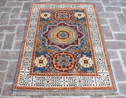 Blue Geometric Afghan Mamluk Rug 3x5 Hand Knotted High Quality Wool Area Carpet - Picture 2 of 10