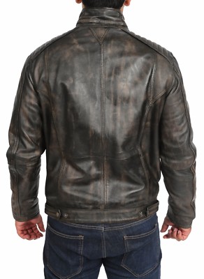Mens fitted WASHED biker style leather jacket retro vintage rub