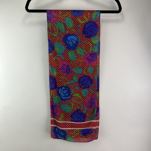 LIZ CLAIBORNE Silk Oblong Scarf Red Blue Rose Polka Dot 9.5” x 51” - Picture 2 of 7
