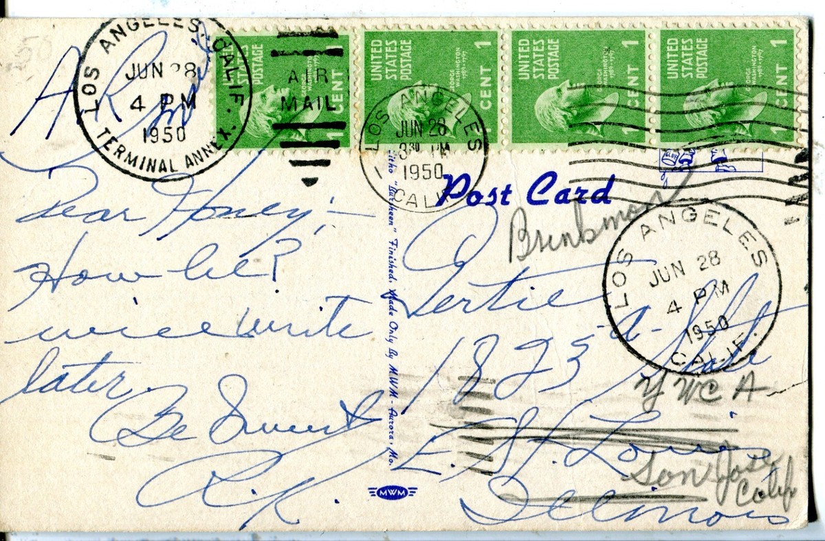1950 Los Angeles Terminal Annex cover strip of four 1c green