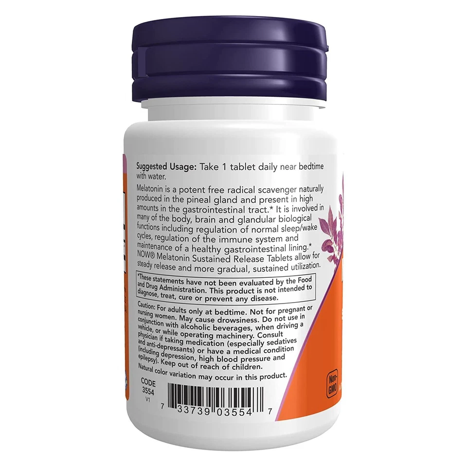 NOW Melatonin 5 mg Sustained Release - 120 Tablets, Healthy Sleep Cycle, Non GMO - Image 3 of 3