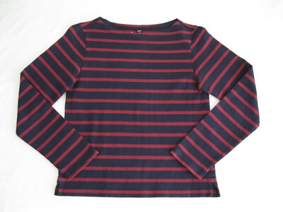 UNIQLO Navy Red Cotton Striped Boat Neck Long Sleeve T Shirt Tee